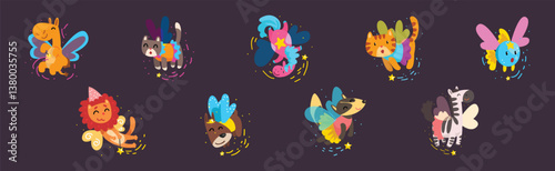 Funny Animal Fairy or Pixie with Wings Vector Illustration Set
