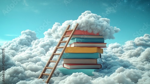 Books in clouds, ladder to reach them in bright blue sky