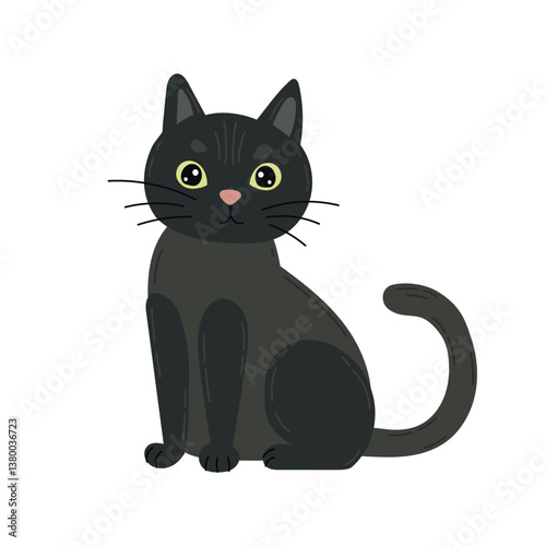 Black cartoon cat with green eyes and sleek fur sits calmly in a minimal flat sketch, ideal for Halloween prints, pet-themed designs, or character art.