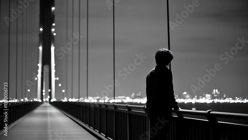 A single of a person standing on an empty bridge at night, gazing at the distant city lights. The composition is stark and clean, using a monochrome palette