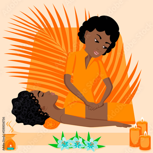 Abdominal massage. Therapy and treatment by professional therapist in SPA. Isolated flat vector illustration. African ethnicity.