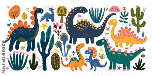 Colorful dinosaur and plant collection in a playful prehistoric scene, ideal for toddler books, jungle-themed decor, or educational children’s graphics.