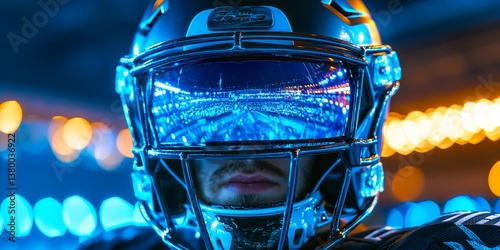 Football helmet visor reflecting stadium lights in close-up