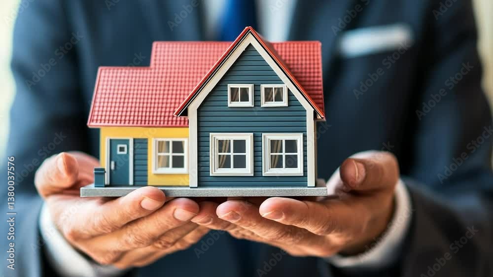 A Home in Safe Hands: The image captures a person, dressed in professional attire, delicately holding a miniature house model, showcasing the concept of homeownership, property investment.