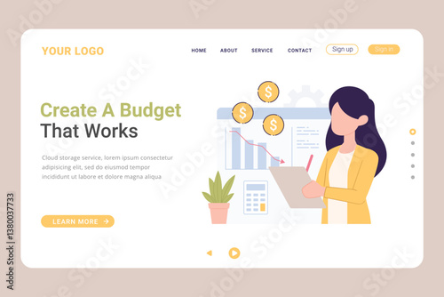 Landing page design template for financial budget planning service. Easy to edit and customize. Modern Vector illustration concepts for website