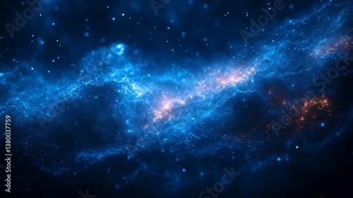 Nebula's radiant blue-orange glow pierces through dark expanse, stars scattered