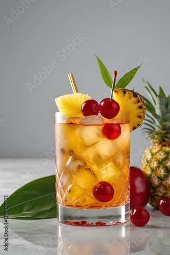 Summer food and drink photography with Mai Tai, professional shot with bokeh and vibrant flavors.


