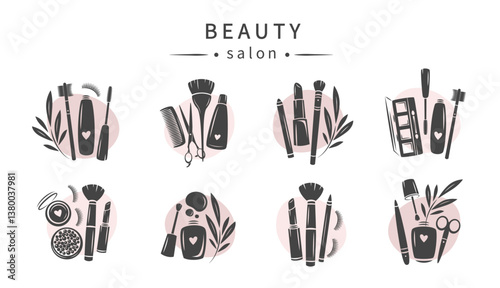Set of elements and icons for beauty salon. Nail polish, nail brush, makeup tools, cosmetic brushes, lipstick, eyelash extension, brows. Vector illustrations for banner, cover, marketing.