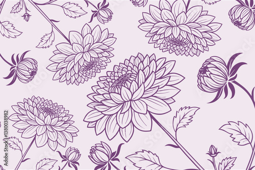Seamless pattern with hand drawn dahlia flowers, 
 Vector illustration