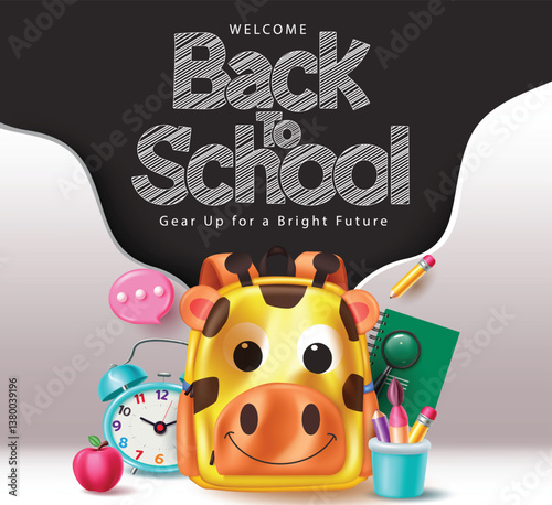 back to school papercut poster design. Welcome back to school greeting text with backpack , alarm clock, apple, notebook, pencil case and speech bubble element for school. Vector illustration.