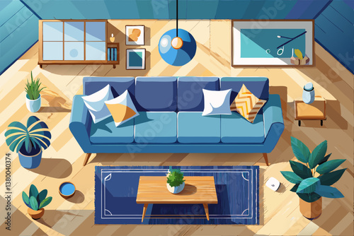 vector of stylish top view of a minimalist living room featuring a blue sofa on a parquet floor, showcasing modern boho design aesthetics