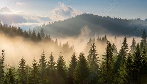 Morning Rays and Fog Above a Forest in the Mountains, breathtaking Scenery