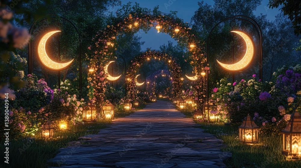 Fototapeta premium A scenic Eid festival garden featuring glowing crescent-shaped arches