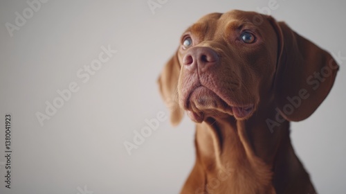 A close-up of a Vizsla dog highlights its muscular build and expressive eyes, presenting a dignified pose that emphasizes its noble character and grace