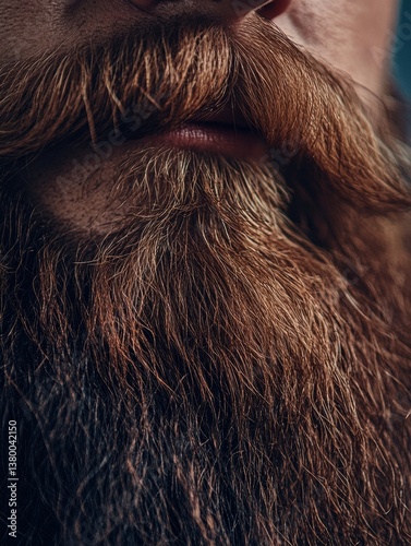 Close-up view of a thick, well-groomed beard showcasing fine texture in soft lighting against a masculine background