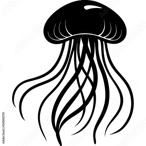 A vector silhouette of a jellyfish floating with its tentacles trailing behind, centered on a white background 