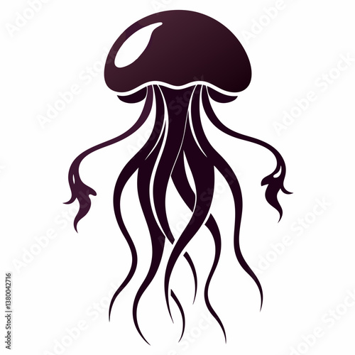 A vector silhouette of a jellyfish floating with its tentacles trailing behind, centered on a white background 