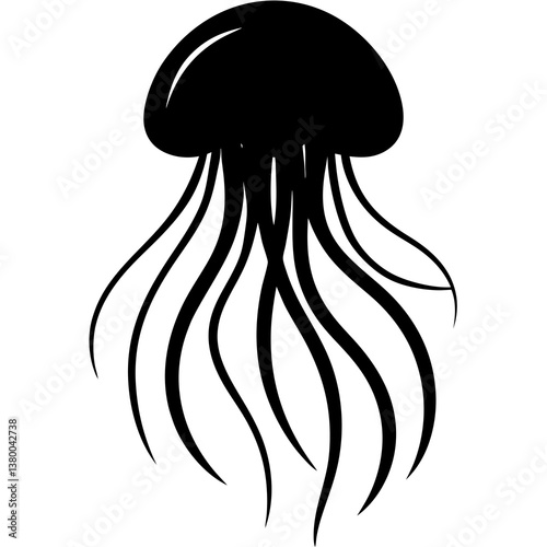 A vector silhouette of a jellyfish floating with its tentacles trailing behind, centered on a white background 