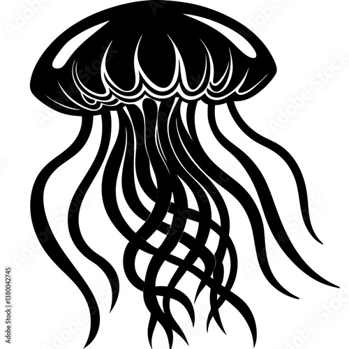 A vector silhouette of a jellyfish floating with its tentacles trailing behind, centered on a white background 