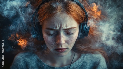 Young caucasian female immersed in music with headphones and smoke effects