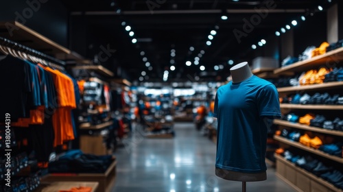 Wallpaper Mural A clothing store features a mannequin showcasing a bright blue T-shirt amidst a stylish layout with clean lines and simple decor, allowing for branding opportunities Torontodigital.ca