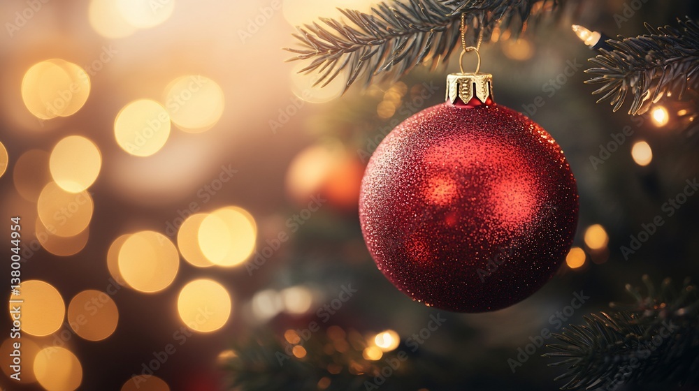 Red bauble hangs on xmas tree; festive lights, holiday celebration background Red bauble hangs on xmas tree; festive lights, holiday celebration background