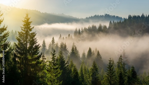 Morning Rays and Fog Above a Forest in the Mountains, breathtaking Scenery