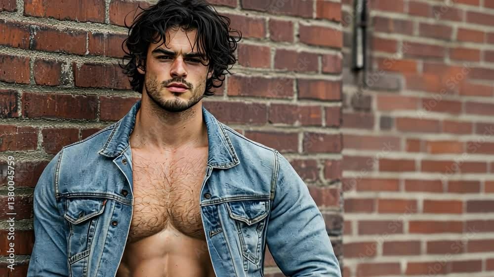 A grunge-style model in a distressed denim jacket, posing against an urban brick wall. A grunge-style model in a distressed denim jacket, posing against an urban brick wall.