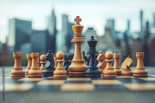 A chess game pieces arranged in front of city buildings
