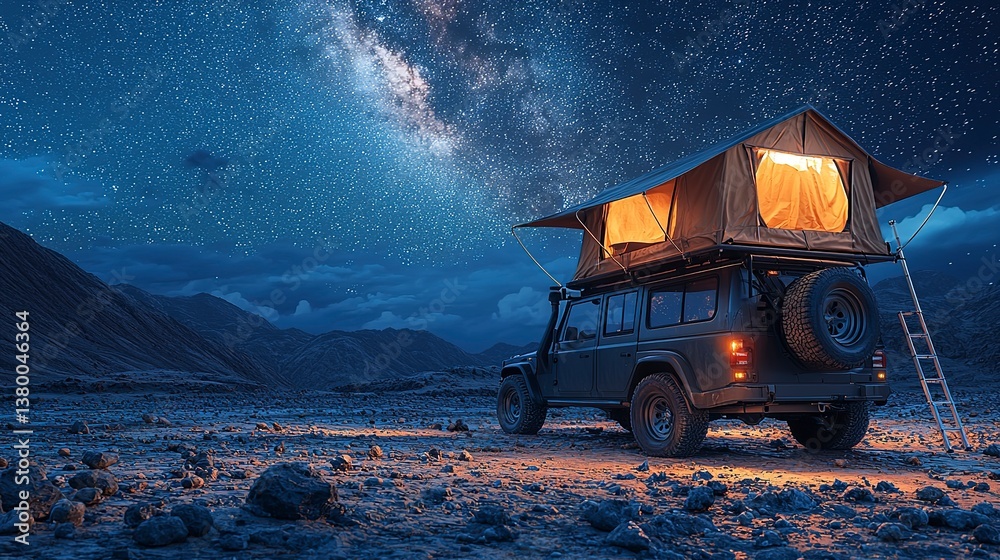 A car with a rooftop tent under a starry night sky A car with a rooftop tent under a starry night sky