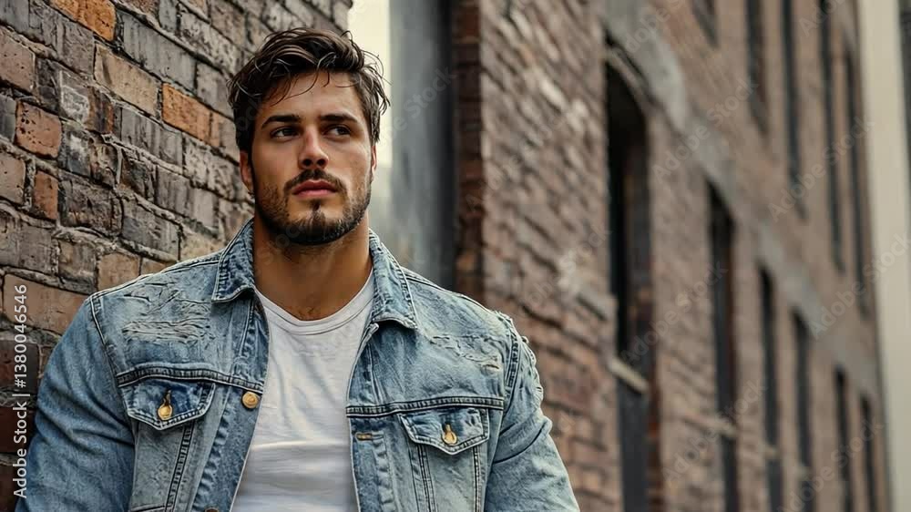 A grunge-style model in a distressed denim jacket, posing against an urban brick wall. A grunge-style model in a distressed denim jacket, posing against an urban brick wall.