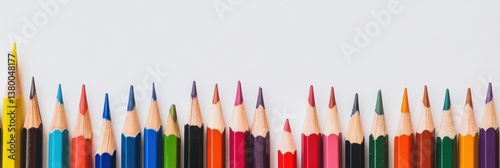 Colored pencils and paint brushes neatly arranged along a white workspace for artistic creations and crafts