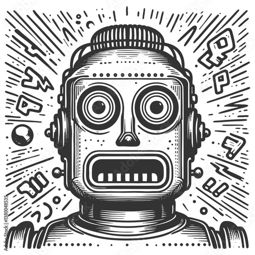 robot in shock with wide eyes and open mouth, surrounded by symbols and lines expressing confusion and alarm sketch engraving generative ai vector illustration. Scratch board. Black and white image.