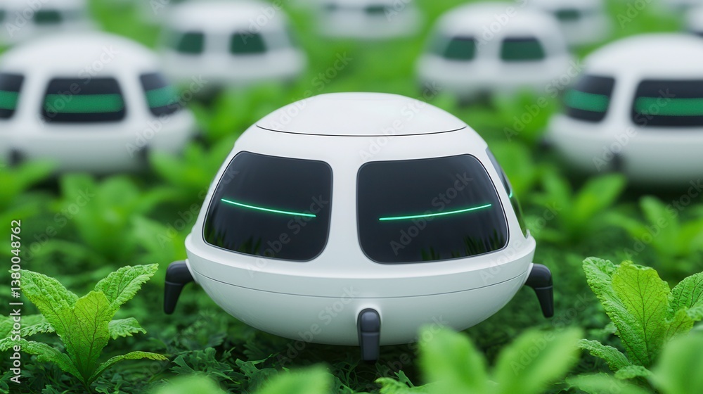 Fototapeta premium Futuristic white robots working in a green field automated agriculture technology