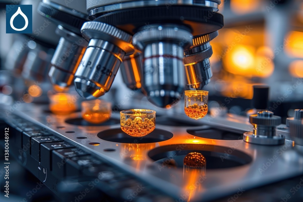 A close up image shows a scientific microscope and samples