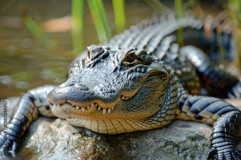 Fototapeta premium A Close Up Photograph Displays A Large Alligator In Nature