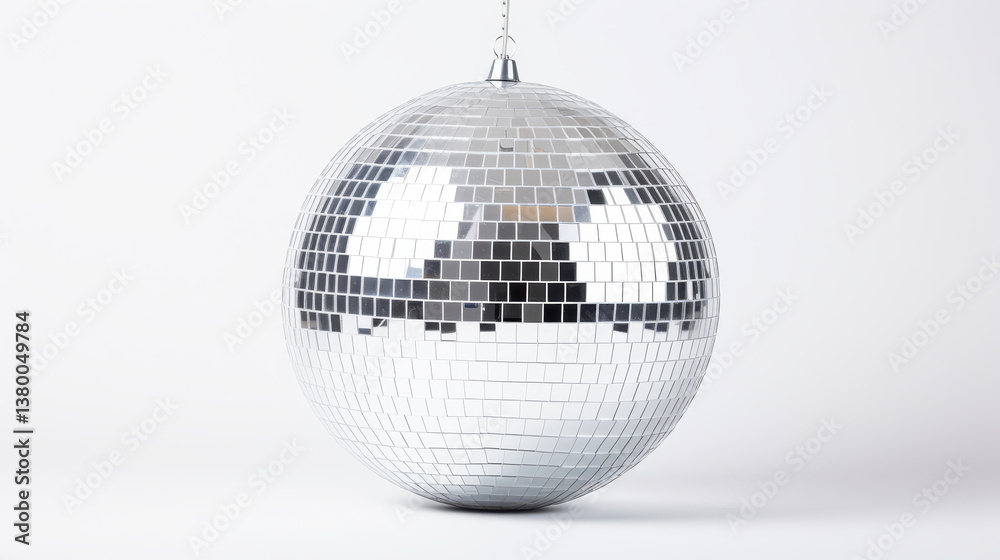 Fototapeta premium Silver mirrored disco ball hangs from a chain against a simple white background. The sphere reflects light from many small square mirrors. Waiting for a party to start