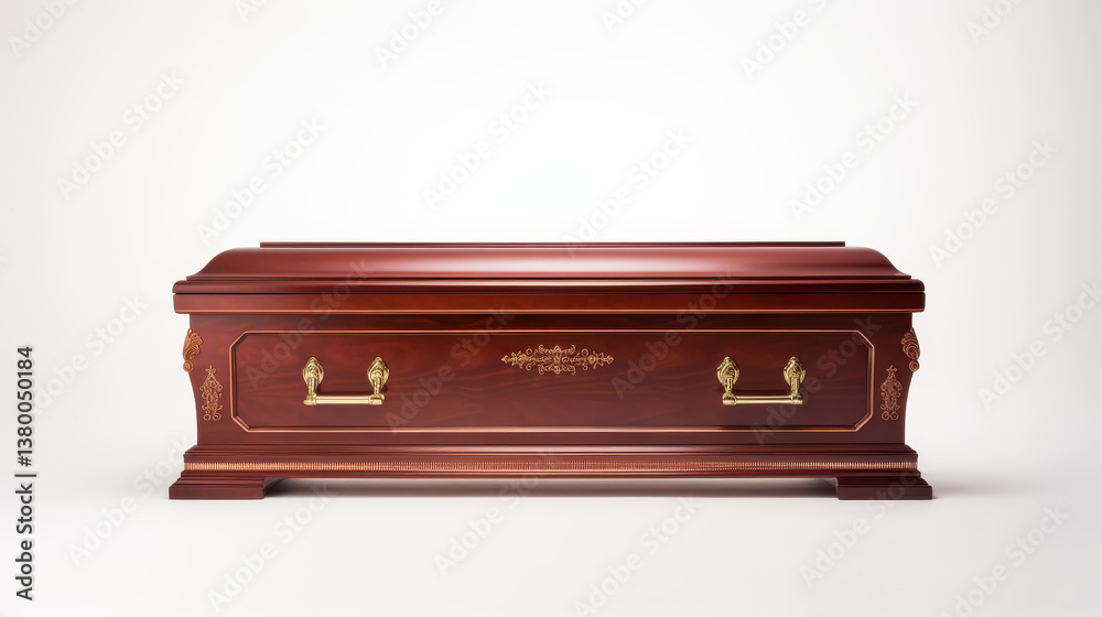 A dark wood coffin is presented. It features gold handles, accents and decorative designs. The coffin is isolated and set against a plain, white background