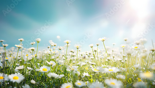 field of daisies and sky, Vibrant Daisy Field Under Clear Blue Sky