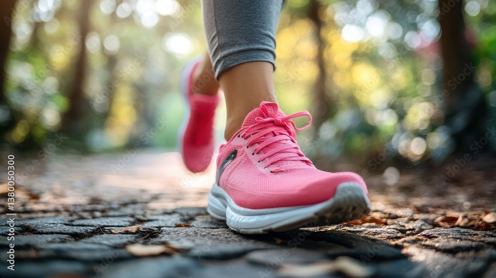 Caucasian female running in pink sneakers on forest path Caucasian female running in pink sneakers on forest path