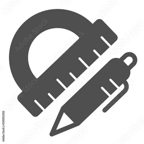 Protractor ruler and pen solid icon, architect studio concept. Vector graphics. Ruler tool with pen sign on white background, glyph style icon for mobile or web design.