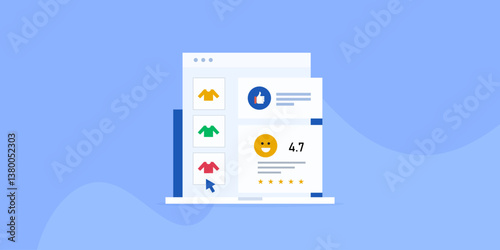 Ecommerce product quality, online shopping experience and customer review rating display on laptop screen, e-business brand concept.