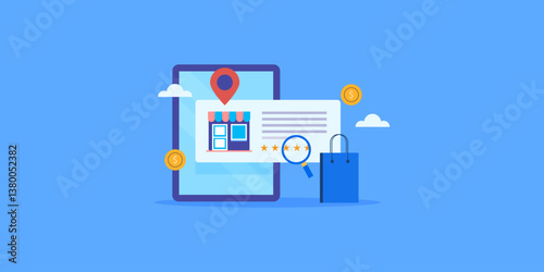 Local business review and map location display on tablet screen, SEO optimization for small business.