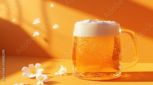 Golden Brew with Floral Whispers: a refreshing pint of beer, crowned with a frothy head, rests amidst delicate flowers and bathed in warm, golden light, evoking a sense of conviviality and enjoyment.