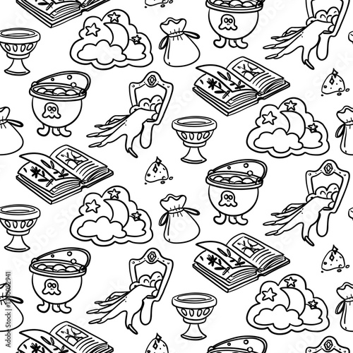 pattern of a book, lamp, magic dust, pendant, key with magic tools in the style of doodles. Monochrome seamless. Suitable for fantasy projects, books, games, and artwork related to magic, alchemy
