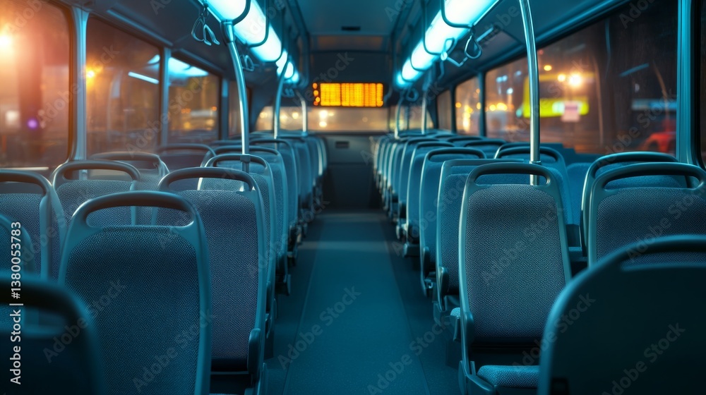 Featuring a narrow-angle view down the center aisle of a modern bus, empty gray seats are illuminated by soft daylight, creating a calm atmosphere Featuring a narrow-angle view down the center aisle of a modern bus, empty gray seats are illuminated by soft daylight, creating a calm atmosphere