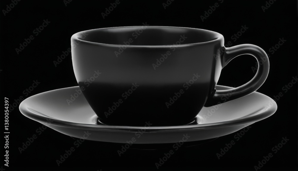 Black coffee cup and saucer with empty cup, handle on right, saucer on left, on black background. Black coffee cup and saucer with empty cup, handle on right, saucer on left, on black background.