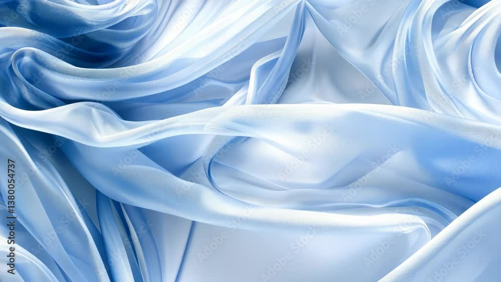 Soft, translucent blue fabric gracefully flows and folds, showcasing textures and colors ideal for creative projects and decor
