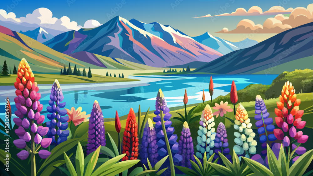 Fototapeta premium Lupins in bloom by the lake on a sunny spring day at Tekapo, New Zealand