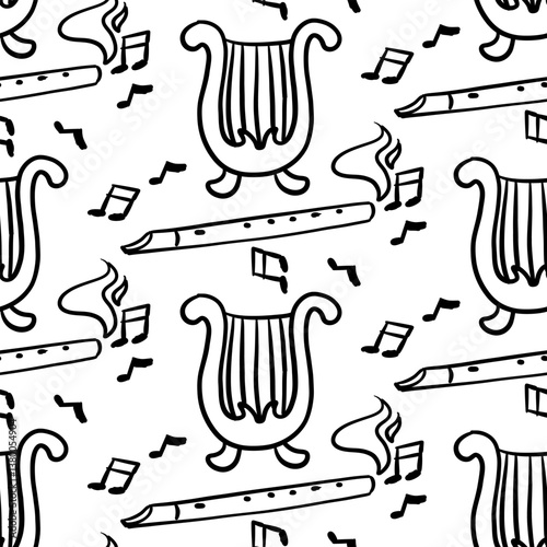 pattern of magical harp and pipe in doodle style. Magical musical instruments. Suitable for projects related to music, fantasy, magic. It will perfectly complement books, games, posters, atmosphere